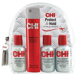 imageCHI Protect ampamp Hold Travel Kit with Infra Shampoo Infra Treatment Silk Infusion and Helmet Head Hair Spray